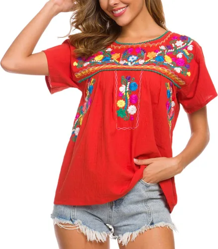 Vista 8 de YZXDORWJ - Cómoda blusa mexicana bordada de verano y sin mangas para mujer