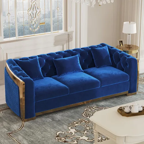 Vista 27 de DAMAIFROM Sofá Chesterfield moderno de mediados de siglo, sofá de terciopelo de 62" blanco y dorado, sofá biplaza curvo de lujo para sala de estar