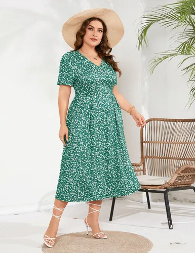Vista 3 de Vestido largo de verano para mujer, casual, bohemio, floral, cintura imperio, talla grande, vestido fluido, vestidos de talla grande para mujeres