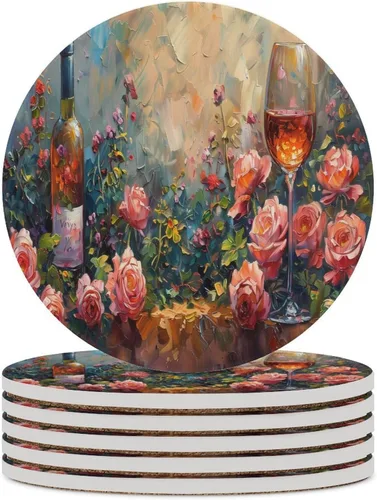 Vista 22 de 4 posavasos de vino tinto, cuadrados y modernos posavasos absorbentes de cerámica, estilo de pintura al óleo, vintage, vino tinto, uvas, rosa