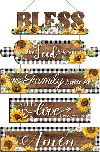 Vista 8 de Sintuff Girasol Decoración de Pared de Cocina Letrero de Madera de Granja "Bendiga los Alimentos que Están Delante Nuestro" Arte de Pared Rústico
