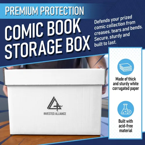Vista 2 de Caja de almacenamiento de cómics cortos premium (paquete de 3 - blanco). Caja/gabinete de cartón grueso para cómics. Contenedor de libros de cómics