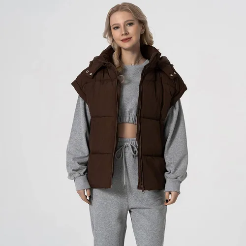 Vista 52 de Shiyifa Chaleco acolchado para mujer, chaqueta de gran tamaño, sin mangas, ligera, con cremallera, con capucha desmontable