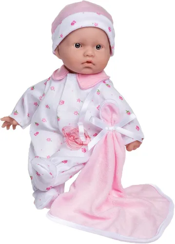 Vista 4 de La Baby Hispanic - Muñeca bebé hispana de cuerpo suave pequeño de 11 pulgadas JC Toys - La Baby Lavable Traje floral rosa extraíble con Mono