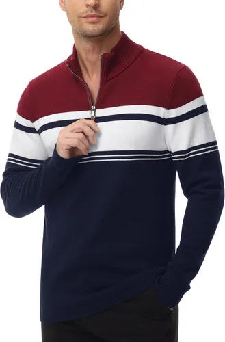 Vista 2 de MAGCOMSEN Suéteres para hombre con cremallera de 14, casuales, a rayas, suéteres tipo polo para otoño e invierno