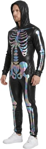 Vista 8 de Disfraz de esqueleto para mujer, neón 3D, enterizo de Body llamativo con estampado de esqueleto 3D de arcoíris para Halloween, cosplay, noche