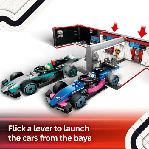 Vista 4 de LEGO City F1 Garage & Mercedes-AMG y Alpine Cars Toy – Modelo de juguete de construcción de autos de carreras y juego portátil para niños, niños