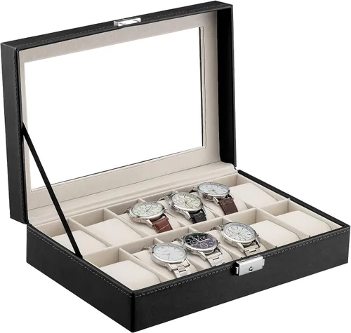 Vista 2 de Oyydecor Caja de reloj de piel sintética organizador de almacenamiento de madera para almacenamiento y exhibición negocios de regalo para hombres
