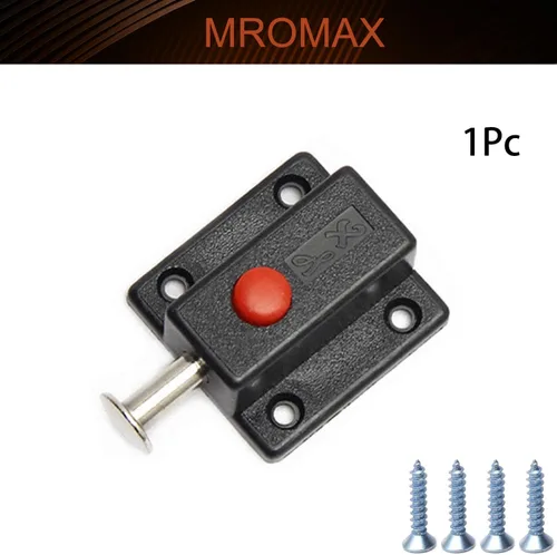 Vista 4 de MroMax Pestillo de perno de puerta con resorte, cierre deslizante de plástico ABS negro con botón de interruptor para puerta, gabinete, accesorios