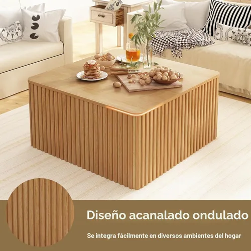 Vista 4 de HOKYHOKY Mesa de centro cuadrada acanalada con almacenamiento, mesa central grande de madera
