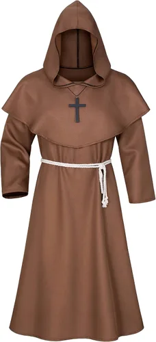 Vista 2 de Conjunto de collar y cinturón medieval renacentista, monje, fraile, sacerdote, capa con capucha y cinturón para cosplay