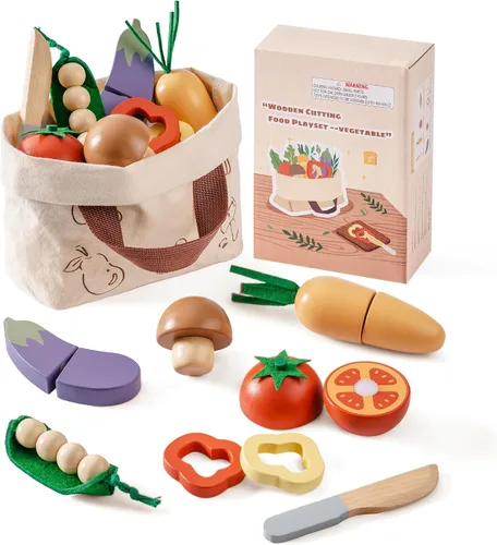 Vista 11 de ROBOTIME Juego de comida de madera 4 en 1, juego de juguete de simulación para jugar cocina con bolsa de compras, accesorios de cocina para niños