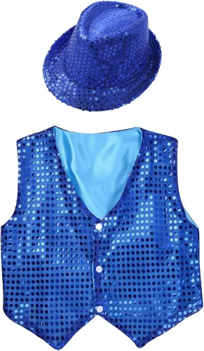 Vista 3 de Chaqueta de lentejuelas para niños y niñas, chaleco de hip-hop, baile de jazz, actuación, disfraz de Navidad con sombrero