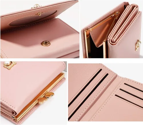Vista 6 de JIUFENG Cartera corta con bloqueo RFID para mujer, triple, moda coreana, multifuncional, con perla, tarjetero