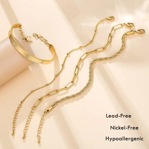 Vista 3 de Delicadas pulseras de oro para mujer, chapadas en oro de 18 quilates, ajustables, apilables, juego de pulseras de circonita cúbica en capas