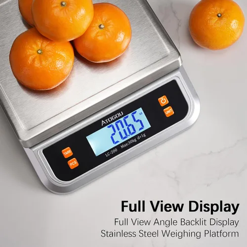 Vista 3 de Báscula de alimentos Atogou de 66 libras, báscula de cocina comercial enchufable Full View LCD Display, Stainless Steel, for Baking, Bread