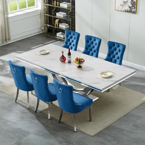 Vista 34 de SSLine Juego de mesa de comedor de mármol sintético blanco de 68 pulgadas