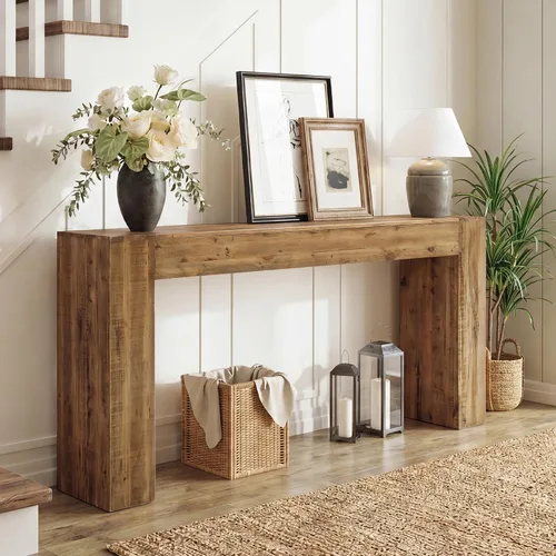 Vista 10 de Mesa consola de madera maciza para entrada, mesa de sofá de granja de 63 pulgadas de largo detrás del sofá, mesas de entrada rectangulares rústicas