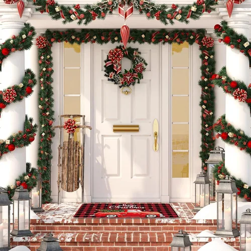 Vista 7 de Tapete decorativo de puerta de Feliz Navidad, tapete de invierno con muñeco de nieve, tapete de bienvenida, antideslizante, lavable, tapete