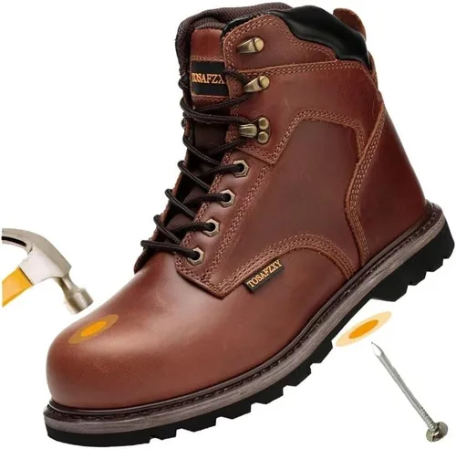 Vista 9 de Botas de seguridad laboral para hombre, de cuero Crazy-Horse duradero, con puntera de acero indestructible, impermeables y antideslizantes, mejor