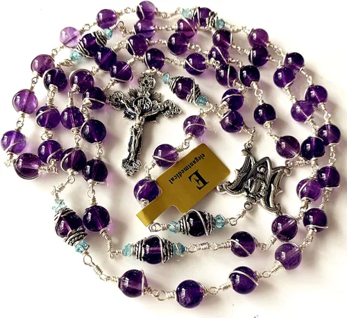 Vista 2 de elegantmedical Collar hecho a mano con cuentas de rosario de amatista envueltas en alambre de plata de ley 925 y caja de regalo, Plata esterlina