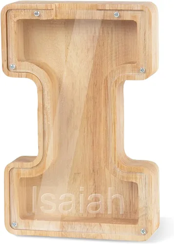 Vista 20 de Alcancía con nombre personalizado, 26 letras láser con texto personalizado, banco de monedas de madera, significado educativo, alcancía con nombre