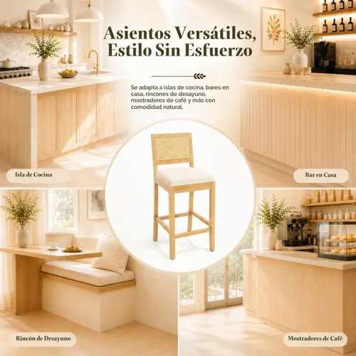 Vista 8 de Juego de 2 taburetes de bar de altura de mostrador, sillas de isla de cocina con respaldo de caña beige, taburetes de bar de ratán con respaldo