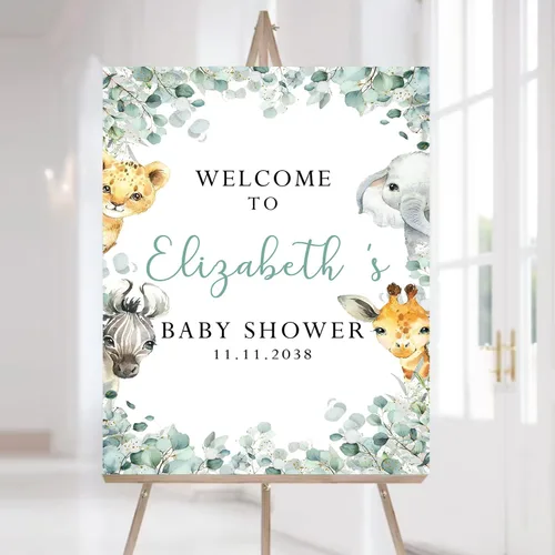 Vista 18 de Letrero de bienvenida personalizado para baby shower, cartel de bienvenida de safari para baby shower, letrero de baby shower de animales