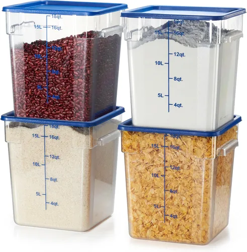 Vista 21 de CURTA Paquete de 4 recipientes de almacenamiento de alimentos con tapas azules, policarbonato transparente cuadrado de 12 cuartos de galón y 22 12