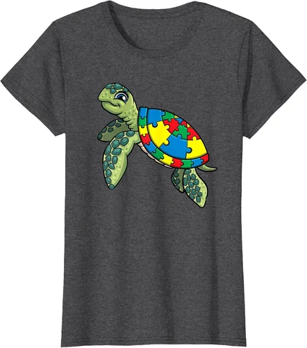 Vista 68 de Turtle Puzzle Pieces for Autism Awareness Kids Women Teacher T-Shirt Asphalt Grey