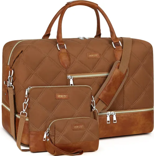 Vista 9 de Bolsa de fin de semana para mujer, bolsa de viaje de nailon, con compartimento para zapatos, tamaño grande 1-beige