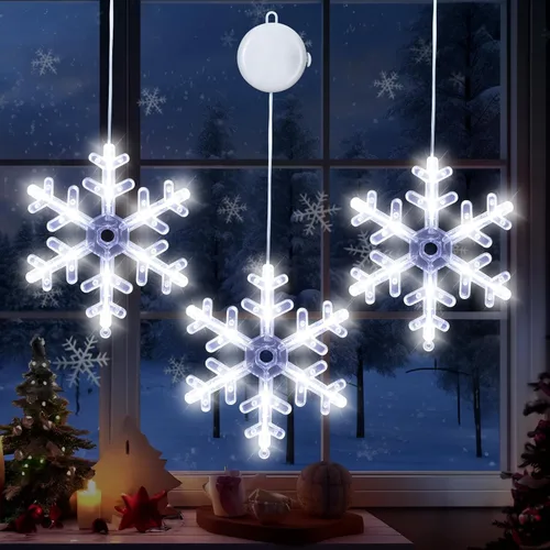 Vista 8 de Luces de decoración de Navidad, 3 luces de Navidad para ventana, funciona con pilas, decoración de ventana de Navidad, árbol y cascabel