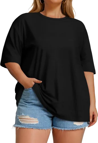 Vista 3 de Blusas de Talla Grande Casuales Camisetas Oversized para Mujeres Ajuste Holgado Cuello Redondo Blusas Camisetas Básicas de Verano Tees