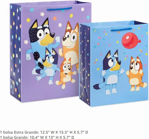 Vista 3 de Hallmark Bluey - Bolsas de regalo de cumpleaños, paquete de 2 (13 pulgadas grandes y 15 pulgadas extragrandes)
