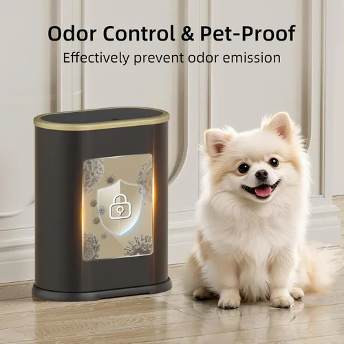 Vista 5 de KSSKSS Cubo de basura pequeño de 1.8 galones de color blanco con tapa, cubo de basura delgado para baño, a prueba de perros, con tapa desplegable