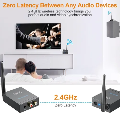 Vista 5 de 1Mii Receptor transmisor de audio inalámbrico de 2.4 GHz para TV, 320 pies de largo alcance 20 ms de bajo retardo 192 kHz/24 bits de audio HiFi, kit