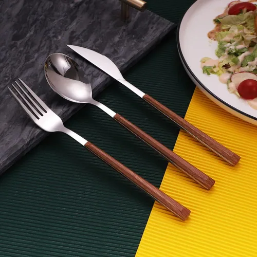 Vista 3 de Juego de cubiertos de madera para 6 cubiertos de acero inoxidable de alta calidad, 30 piezas de cubiertos de madera delicados para el hogar, cocina