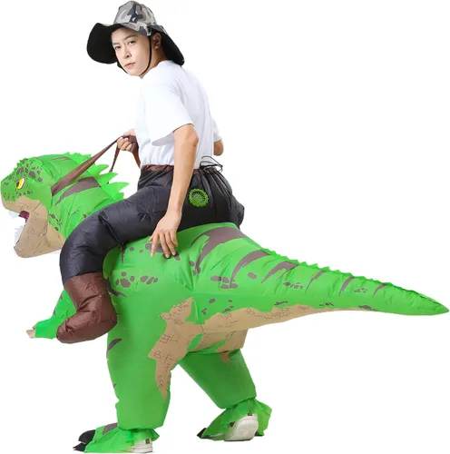 Vista 6 de MXoSUM Disfraz inflable de dinosaurio para adultos, disfraz de jinete T-Rex, divertido disfraz de Halloween para fiesta de cosplay Verde