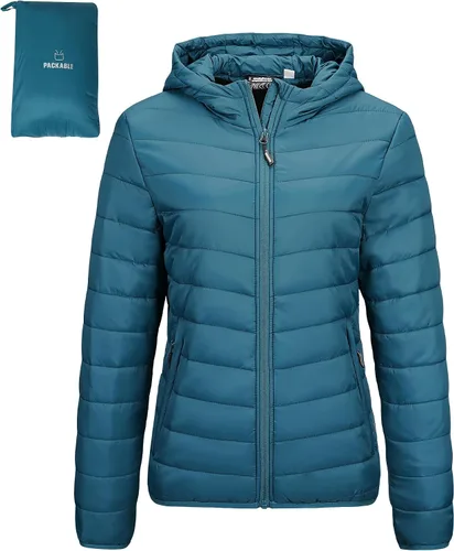 Vista 7 de Outdoor Ventures Chaqueta Puffer Ligera Empacable para Mujer con Cremallera Completa y Capucha, Abrigo de Invierno Acolchado Verde militar