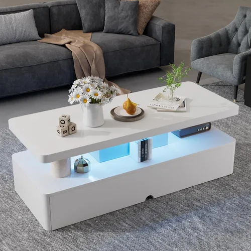 Vista 10 de oneinmil Mesa de centro LED moderna, mesas de sala de estar de 40 pulgadas con luces LED de 16 colores, diseño de doble capa, elegantes mesas