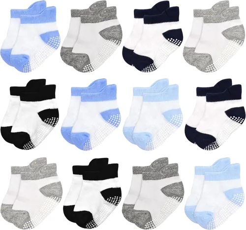 Vista 10 de GRPSKCOS - Calcetines antideslizantes para niños pequeños de 12 pares, calcetines antideslizantes para tobillos para niñas y niños, calcetines