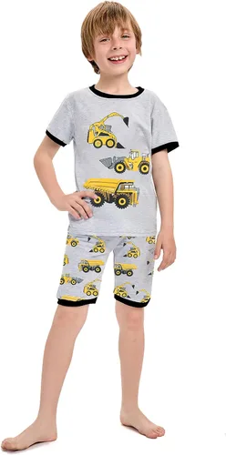 Vista 2 de Little Hand Conjunto de pijama para niño, pijama corto para niños, ropa de dormir de camión monstruo, ropa de dormir de algodón para excavadora