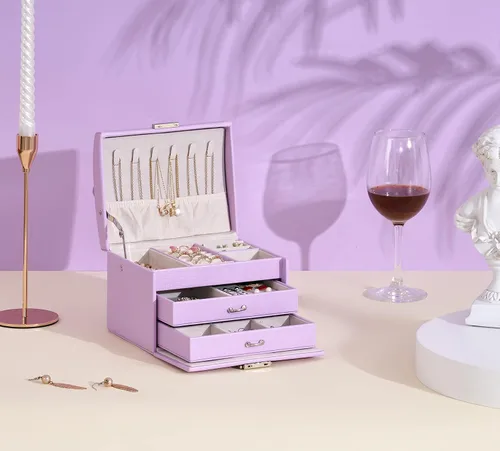 Vista 2 de BEWISHOME Caja de joyería para adolescentes caja organizadora de joyas de 3 capas con cerradura estuche de viaje de joyería para mujeres y niñas
