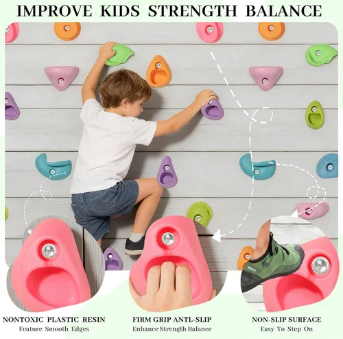Vista 3 de Juego de 20 soportes de escalada en roca para niños, agarres de pared para escalada en roca, juego de pared para interiores y exteriores, juego