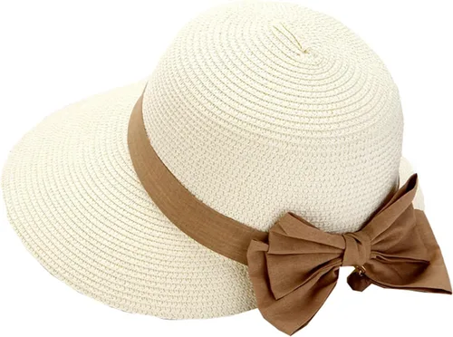 Vista 8 de Sombreros de playa de ala ancha para mujer, protección UPF 50+, sombrero de paja plegable para verano Beige
