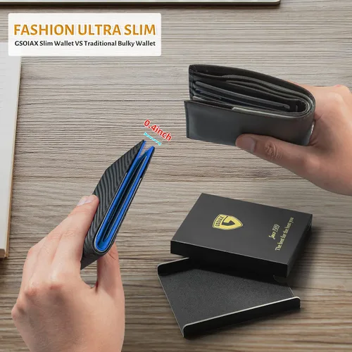 Vista 3 de GSOIAX Cartera delgada de cuero plegable RFID para hombre, cartera minimalista con bolsillo frontal con clip para dinero, 12 ranuras para tarjetas