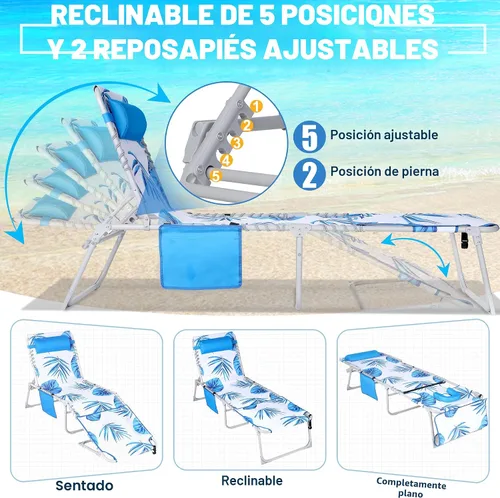 Vista 5 de Luxfero Sillón de playa 3 en 1 con paraguas, silla de bronceado solar con orificio para la cara y reclinable de 5 posiciones, silla plegable