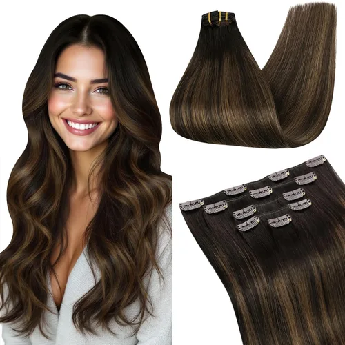 Vista 25 de Ugeat Extensiones de cabello humano con clip de 12 pulgadas, extensiones de cabello balayage con clip, marrón chocolate ombre, extensiones
