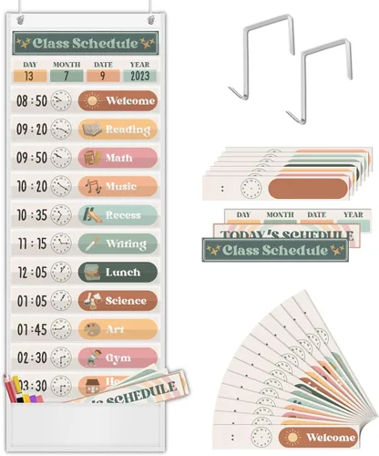 Vista 9 de Set de Tablas de Bolsillo de Horario Diario con Tema Boho, Decora Tu Aula o Hogar para Pre-Kinder a Sexto Grado, Negro
