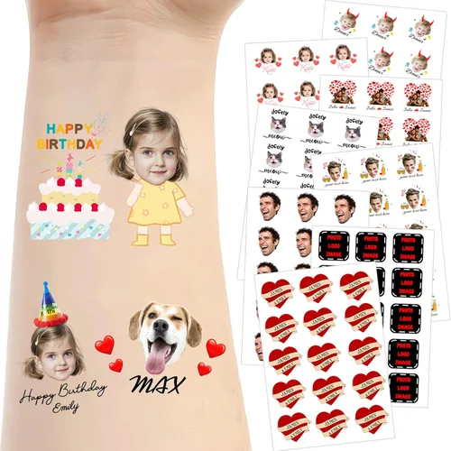 Vista 13 de Tatuajes temporales personalizados para la cara, tatuajes faciales personalizados con nombre de foto, logotipo, texto, calcomanía de tatuaje falsa